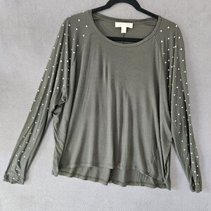 Michael Kors Womens Large Slouch Shirt Forest Green Gold Circles Boatneck Blouse